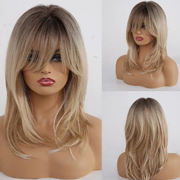 Heat Resistant Ombre Brown Shoulder Length Layered Wig with Bangs main image 2